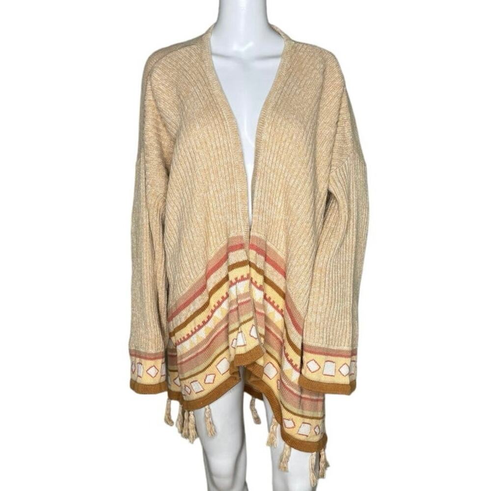 Storybook Knits‎ Sweater Womens 1X Tan Southwestern Wrap Cardigan Fringe Neutral